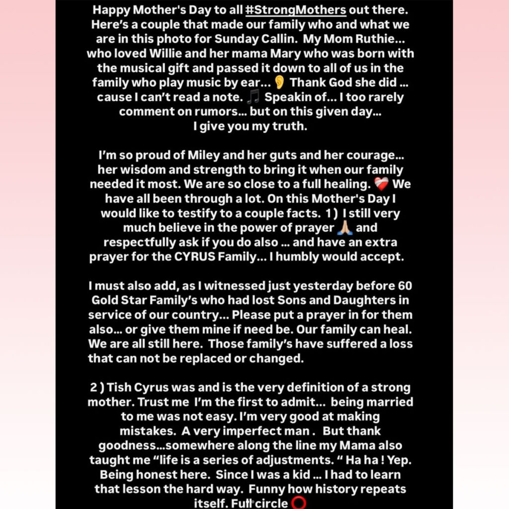 Billy Ray Cyrus Praises Ex-Wife Tish In Mother’s Day Tribute After Reconciling With Miley! He Even Admits It ‘Was Not Easy’ Being Married To Him!